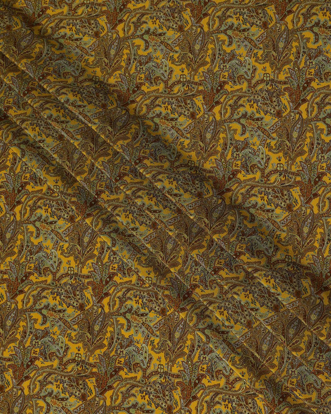 Mustard Yellow Paisley Printed Cotton Satin Fabric 110 Cms Width Soft Smooth Lustrous Dress Material India-D27970 - Regal Fabrics