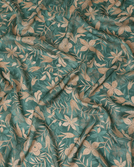 Teal Floral Printed Cotton Satin Fabric 110 Cms Width Soft Smooth Lustrous Dress Material India-D27966 - Regal Fabrics