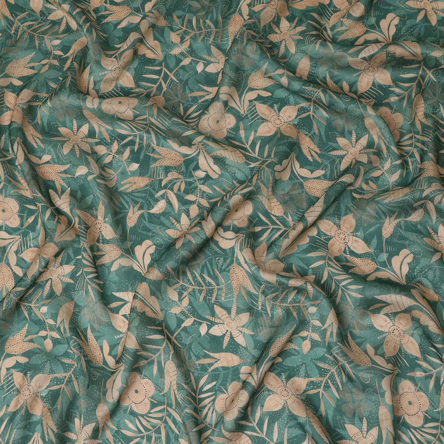 Teal Floral Printed Cotton Satin Fabric 110 Cms Width Soft Smooth Lustrous Dress Material India-D27966 - Regal Fabrics