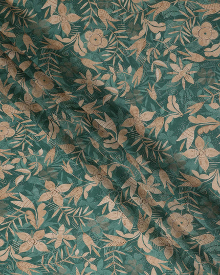Teal Floral Printed Cotton Satin Fabric 110 Cms Width Soft Smooth Lustrous Dress Material India-D27966 - Regal Fabrics
