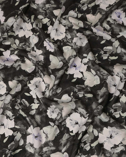 Black White Floral Printed Cotton Satin Fabric 110 Cms Width India-D27977 - Regal Fabrics