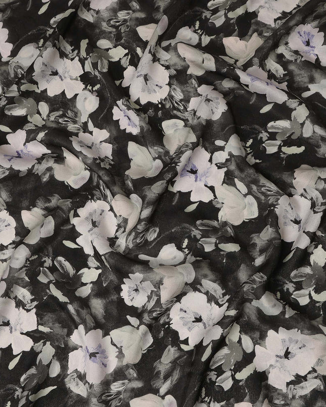Black White Floral Printed Cotton Satin Fabric 110 Cms Width India-D27977 - Regal Fabrics