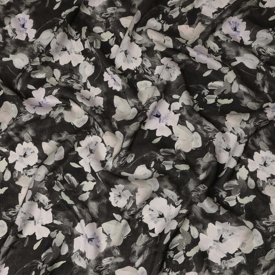 Black White Floral Printed Cotton Satin Fabric 110 Cms Width India-D27977 - Regal Fabrics