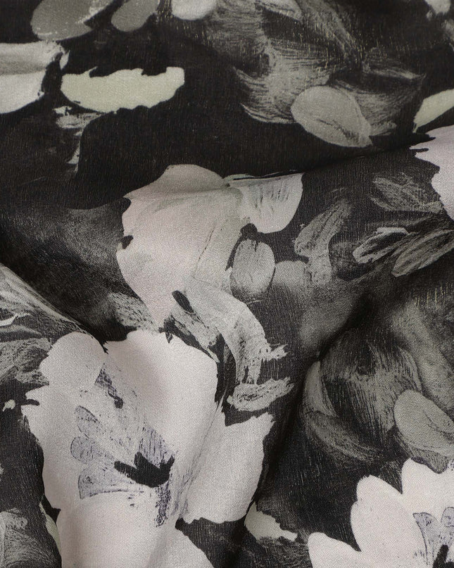 Black White Floral Printed Cotton Satin Fabric 110 Cms Width India-D27977 - Regal Fabrics