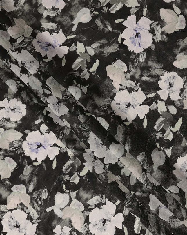 Black White Floral Printed Cotton Satin Fabric 110 Cms Width India-D27977 - Regal Fabrics