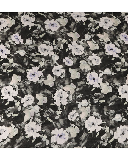 Black White Floral Printed Cotton Satin Fabric 110 Cms Width India-D27977 - Regal Fabrics