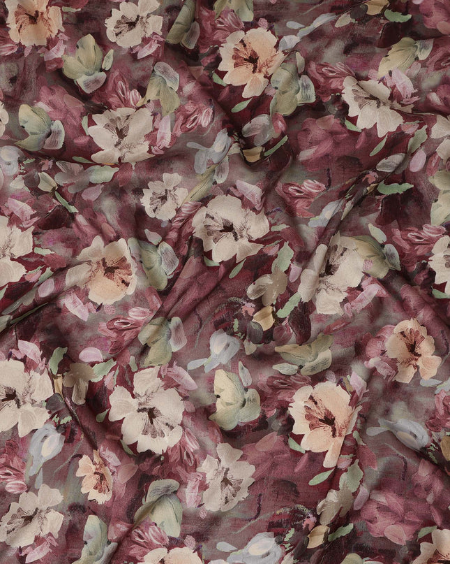 Wine Floral Printed Cotton Satin Fabric 110 Cms Width Soft Smooth Lustrous Dress Material India-D27971 - Regal Fabrics