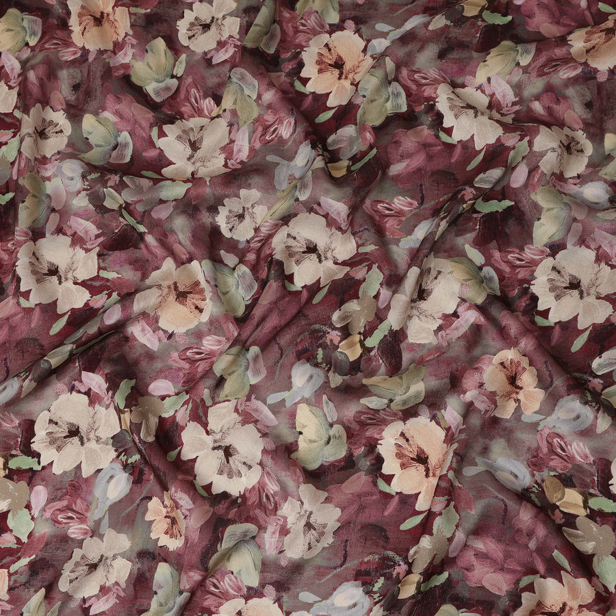 Wine Floral Printed Cotton Satin Fabric 110 Cms Width Soft Smooth Lustrous Dress Material India-D27971 - Regal Fabrics