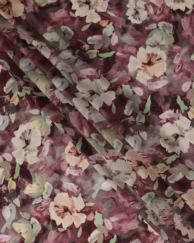 Wine Floral Printed Cotton Satin Fabric 110 Cms Width Soft Smooth Lustrous Dress Material India-D27971 - Regal Fabrics