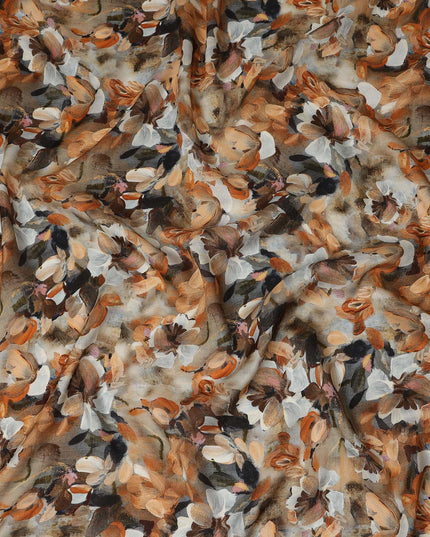 Beige Brown Abstract Floral Printed Cotton Satin Fabric 110 Cms Width India-D27976 - Regal Fabrics
