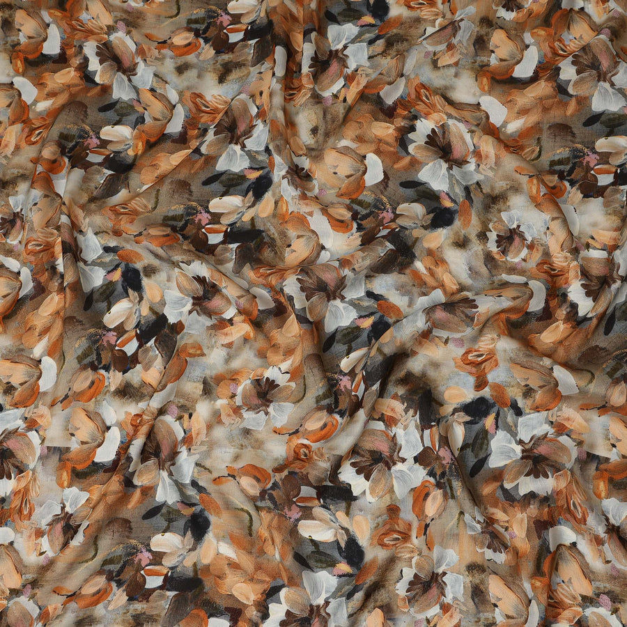 Beige Brown Abstract Floral Printed Cotton Satin Fabric 110 Cms Width India-D27976 - Regal Fabrics