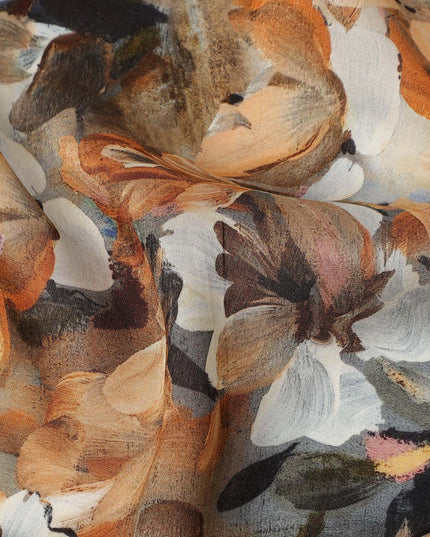 Beige Brown Abstract Floral Printed Cotton Satin Fabric 110 Cms Width India-D27976 - Regal Fabrics