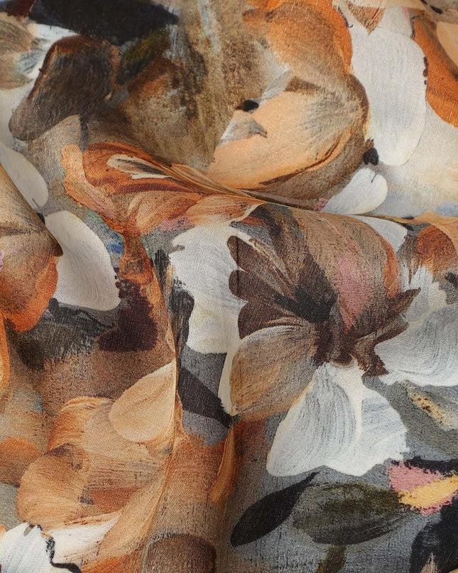 Beige Brown Abstract Floral Printed Cotton Satin Fabric 110 Cms Width India-D27976 - Regal Fabrics