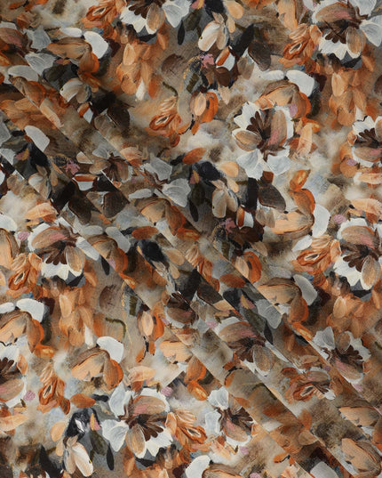 Beige Brown Abstract Floral Printed Cotton Satin Fabric 110 Cms Width India-D27976 - Regal Fabrics