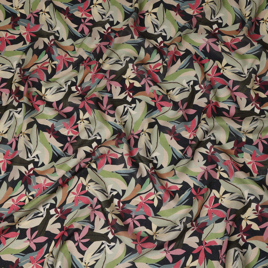 Black Multicolor Floral Printed Cotton Satin Fabric 110 Cms Width India-D27975 - Regal Fabrics