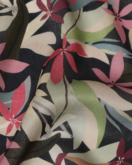 Black Multicolor Floral Printed Cotton Satin Fabric 110 Cms Width India-D27975 - Regal Fabrics