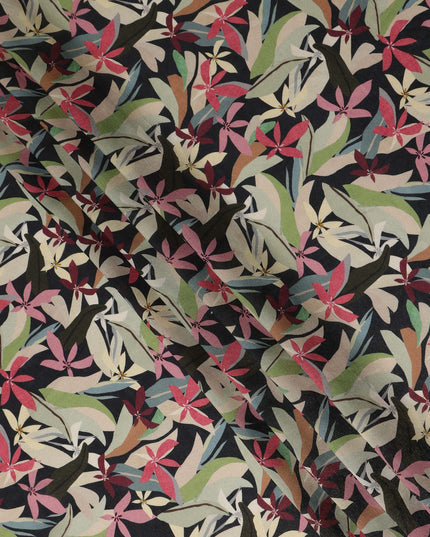 Black Multicolor Floral Printed Cotton Satin Fabric 110 Cms Width India-D27975 - Regal Fabrics