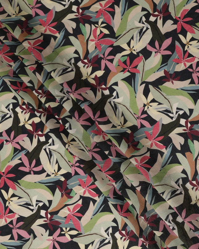 Black Multicolor Floral Printed Cotton Satin Fabric 110 Cms Width India-D27975 - Regal Fabrics