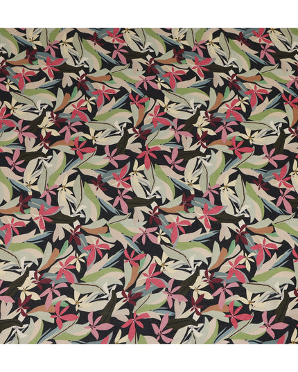 Black Multicolor Floral Printed Cotton Satin Fabric 110 Cms Width India-D27975 - Regal Fabrics
