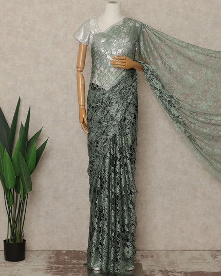 Sage Green Premium French Chantilly Saree Lace Fabric 110 Cms Width 5.5 Meters Piece Elegant Floral Net Lace From France For Designer Sarees And Couture Draping-D27682