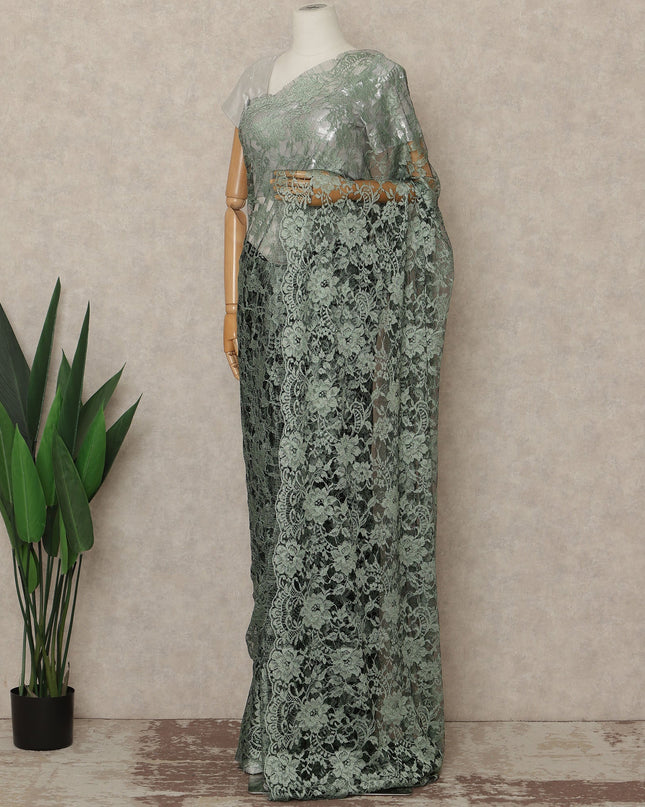 Sage Green Premium French Chantilly Saree Lace Fabric 110 Cms Width 5.5 Meters Piece Elegant Floral Net Lace From France For Designer Sarees And Couture Draping-D27682