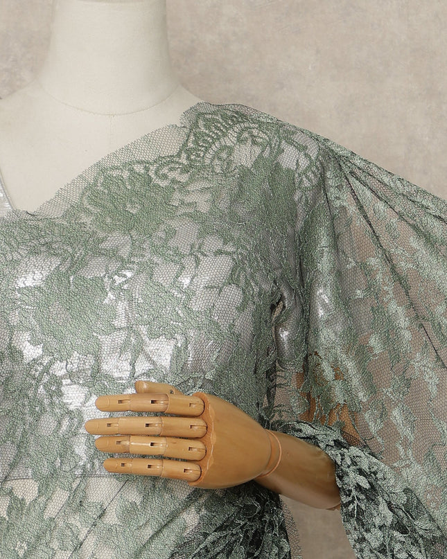 Sage Green Premium French Chantilly Saree Lace Fabric 110 Cms Width 5.5 Meters Piece Elegant Floral Net Lace From France For Designer Sarees And Couture Draping-D27682