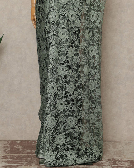 Sage Green Premium French Chantilly Saree Lace Fabric 110 Cms Width 5.5 Meters Piece Elegant Floral Net Lace From France For Designer Sarees And Couture Draping-D27682