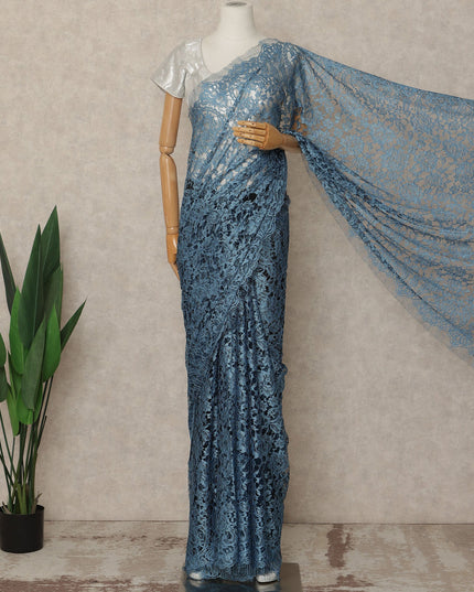 Dusty Blue Black Premium French 2 Tone Chantilly Saree Lace Fabric 5.5 Meters x 110 Cms Width Elegant Floral Net Material From France Unstitched Blouse Not Included-D28156