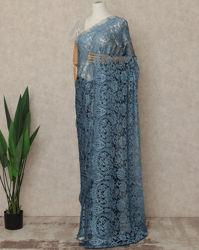 Dusty Blue Black Premium French 2 Tone Chantilly Saree Lace Fabric 5.5 Meters x 110 Cms Width Elegant Floral Net Material From France Unstitched Blouse Not Included-D28156