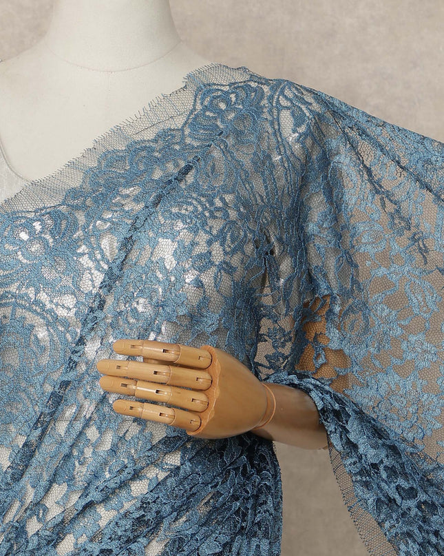 Dusty Blue Black Premium French 2 Tone Chantilly Saree Lace Fabric 5.5 Meters x 110 Cms Width Elegant Floral Net Material From France Unstitched Blouse Not Included-D28156