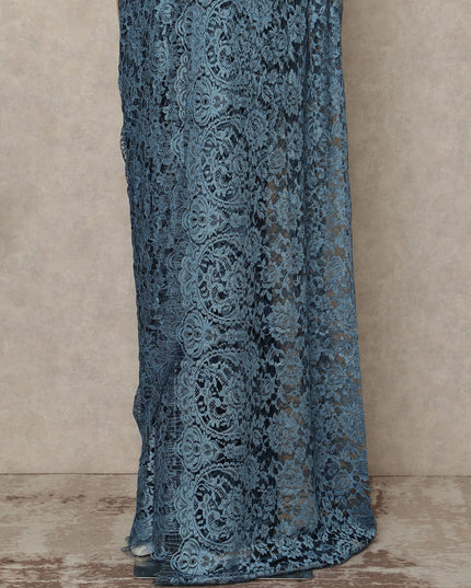 Dusty Blue Black Premium French 2 Tone Chantilly Saree Lace Fabric 5.5 Meters x 110 Cms Width Elegant Floral Net Material From France Unstitched Blouse Not Included-D28156