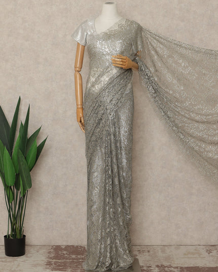 Silver Grey Premium French Metallic Chantilly Saree Lace Fabric 110 Cms Width 5.5 Meters Piece Elegant Floral Net Lace From France For Designer Sarees And Couture Draping-D27679