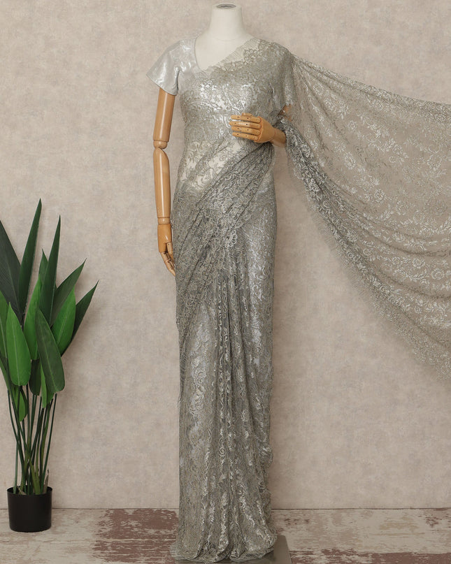 Silver Grey Premium French Metallic Chantilly Saree Lace Fabric 110 Cms Width 5.5 Meters Piece Elegant Floral Net Lace From France For Designer Sarees And Couture Draping-D27679
