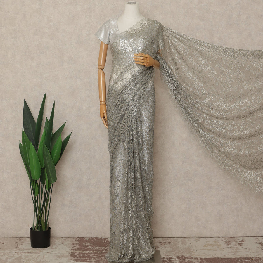 Silver Grey Premium French Metallic Chantilly Saree Lace Fabric 110 Cms Width 5.5 Meters Piece Elegant Floral Net Lace From France For Designer Sarees And Couture Draping-D27679