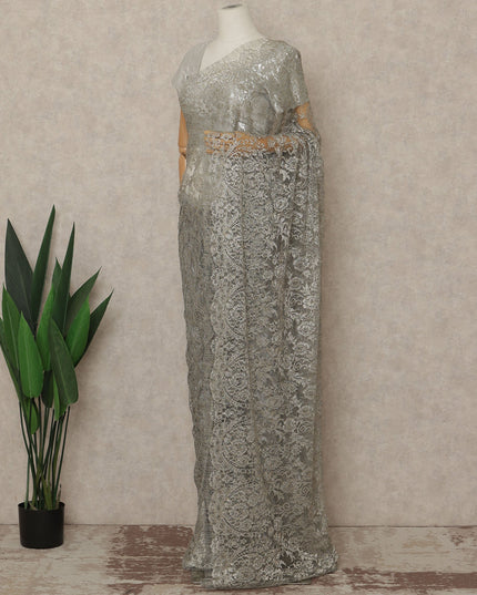Silver Grey Premium French Metallic Chantilly Saree Lace Fabric 110 Cms Width 5.5 Meters Piece Elegant Floral Net Lace From France For Designer Sarees And Couture Draping-D27679