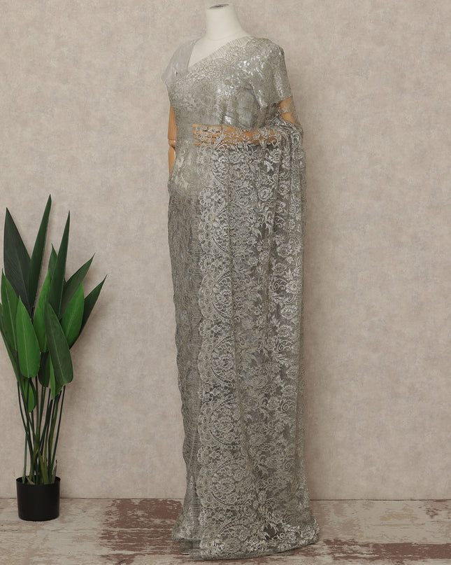 Silver Grey Premium French Metallic Chantilly Saree Lace Fabric 110 Cms Width 5.5 Meters Piece Elegant Floral Net Lace From France For Designer Sarees And Couture Draping-D27679