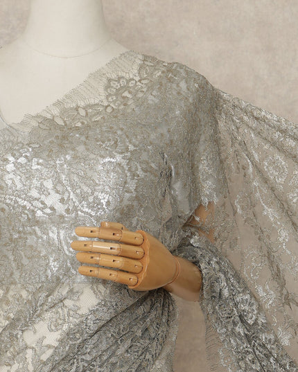 Silver Grey Premium French Metallic Chantilly Saree Lace Fabric 110 Cms Width 5.5 Meters Piece Elegant Floral Net Lace From France For Designer Sarees And Couture Draping-D27679