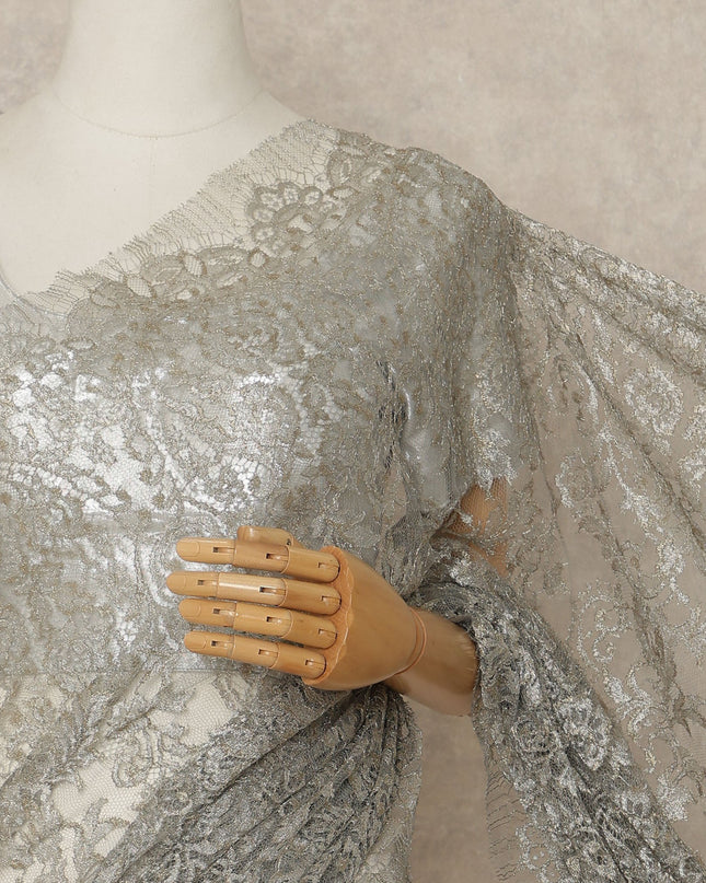 Silver Grey Premium French Metallic Chantilly Saree Lace Fabric 110 Cms Width 5.5 Meters Piece Elegant Floral Net Lace From France For Designer Sarees And Couture Draping-D27679