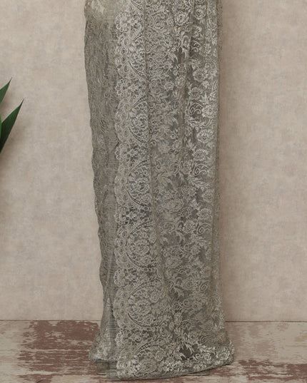 Silver Grey Premium French Metallic Chantilly Saree Lace Fabric 110 Cms Width 5.5 Meters Piece Elegant Floral Net Lace From France For Designer Sarees And Couture Draping-D27679
