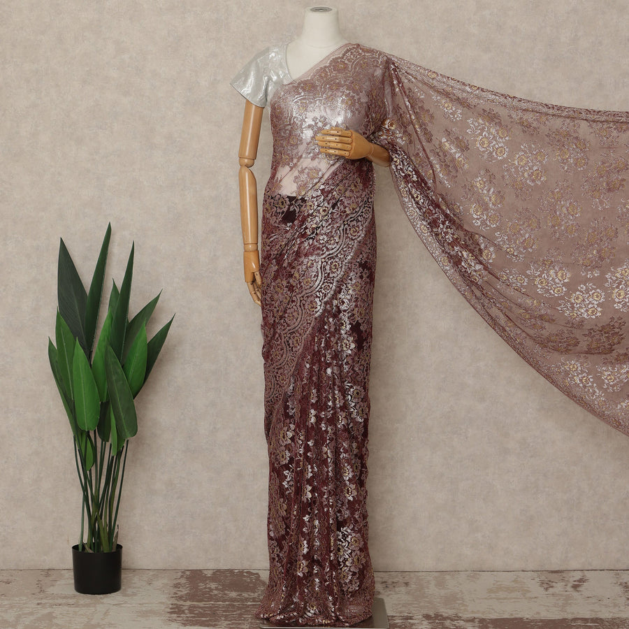Burgundy Wine Premium French Metallic Chantilly Saree Lace Fabric 110 Cms Width 5.5 Meters Piece Elegant Floral Net Lace From France For Designer Sarees And Couture Draping-D27674