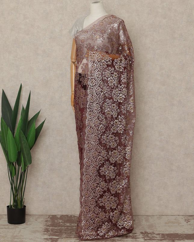 Burgundy Wine Premium French Metallic Chantilly Saree Lace Fabric 110 Cms Width 5.5 Meters Piece Elegant Floral Net Lace From France For Designer Sarees And Couture Draping-D27674