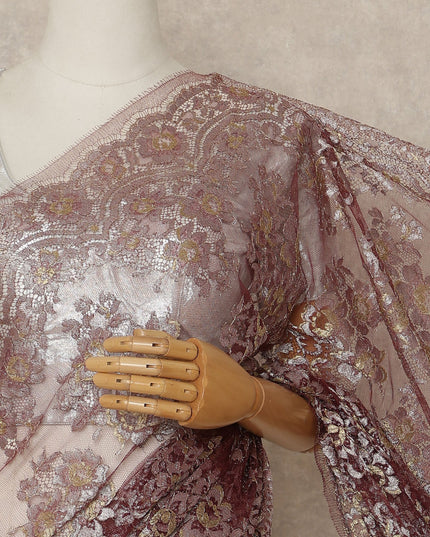 Burgundy Wine Premium French Metallic Chantilly Saree Lace Fabric 110 Cms Width 5.5 Meters Piece Elegant Floral Net Lace From France For Designer Sarees And Couture Draping-D27674