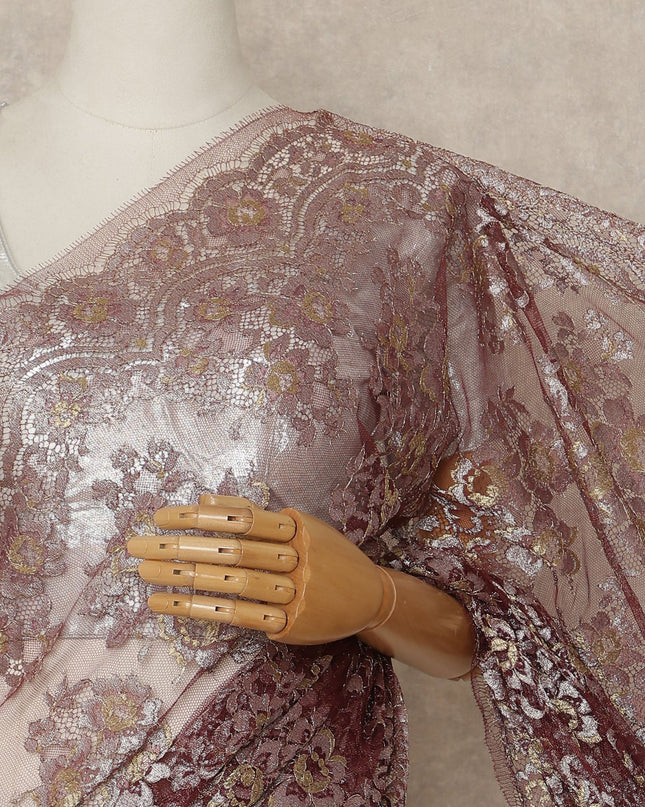 Burgundy Wine Premium French Metallic Chantilly Saree Lace Fabric 110 Cms Width 5.5 Meters Piece Elegant Floral Net Lace From France For Designer Sarees And Couture Draping-D27674