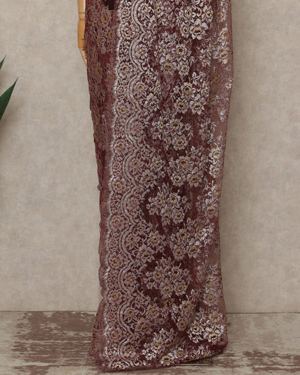 Burgundy Wine Premium French Metallic Chantilly Saree Lace Fabric 110 Cms Width 5.5 Meters Piece Elegant Floral Net Lace From France For Designer Sarees And Couture Draping-D27674