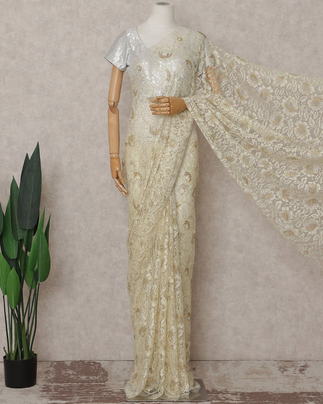 Cream Beige French Chantilly Lace Saree
