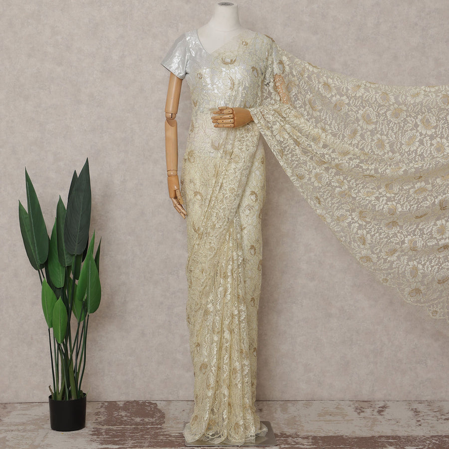 Cream Beige French Chantilly Lace Saree