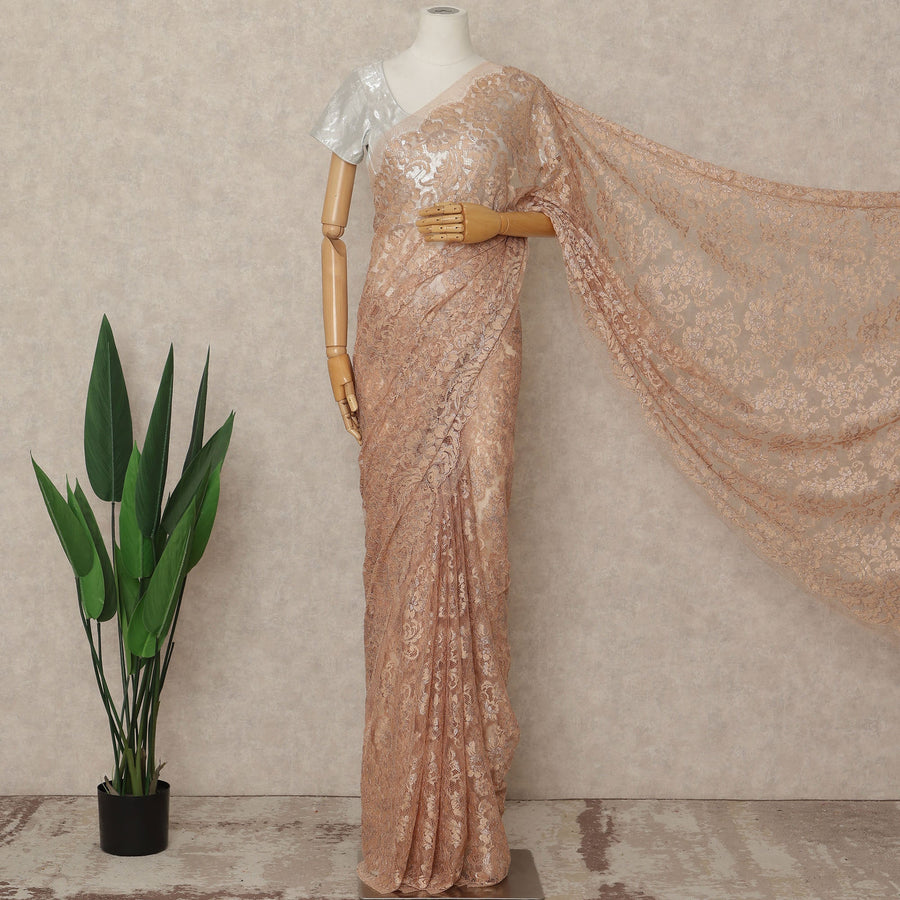 Pink French Metallic Chantilly Lace Saree