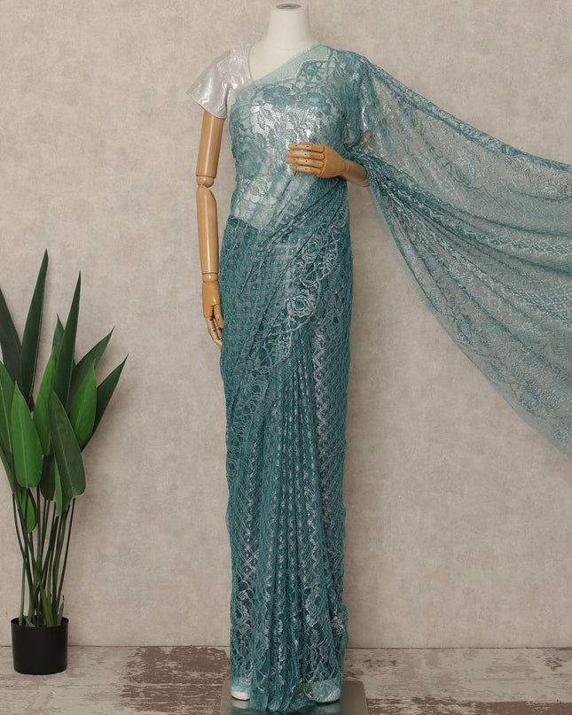 Turquoise Blue Premium French Metallic Chantilly Saree Lace Fabric 110 Cms Width 5.5 Meters Piece Elegant Floral Net Lace From France For Designer Sarees And Couture Draping-D27676 - Regal Fabrics