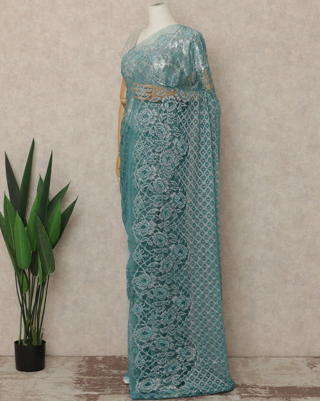 Turquoise Blue Premium French Metallic Chantilly Saree Lace Fabric 110 Cms Width 5.5 Meters Piece Elegant Floral Net Lace From France For Designer Sarees And Couture Draping-D27676 - Regal Fabrics