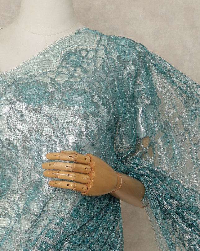 Turquoise Blue Premium French Metallic Chantilly Saree Lace Fabric 110 Cms Width 5.5 Meters Piece Elegant Floral Net Lace From France For Designer Sarees And Couture Draping-D27676 - Regal Fabrics